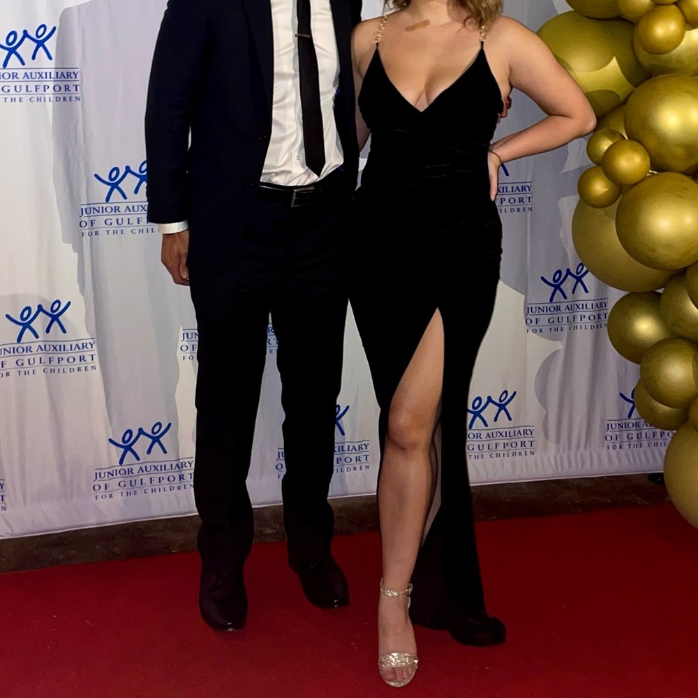 Velvet Black Formal Dress with Gold Chain Straps